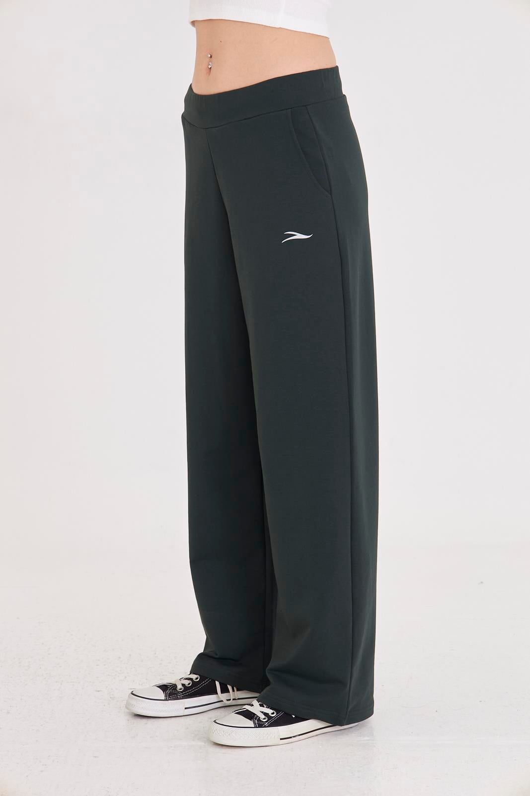 Kadın Geniş Paça Pamuklu Eşofman Altı Haki 5609-H