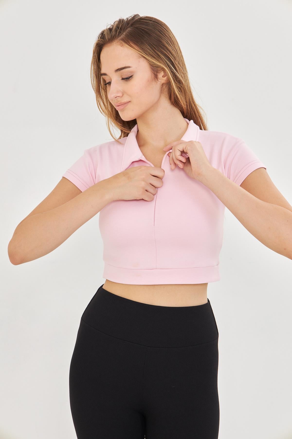 Kadın Esnek Modal Kumaş Polo Yaka Tişört Pembe 8508-P