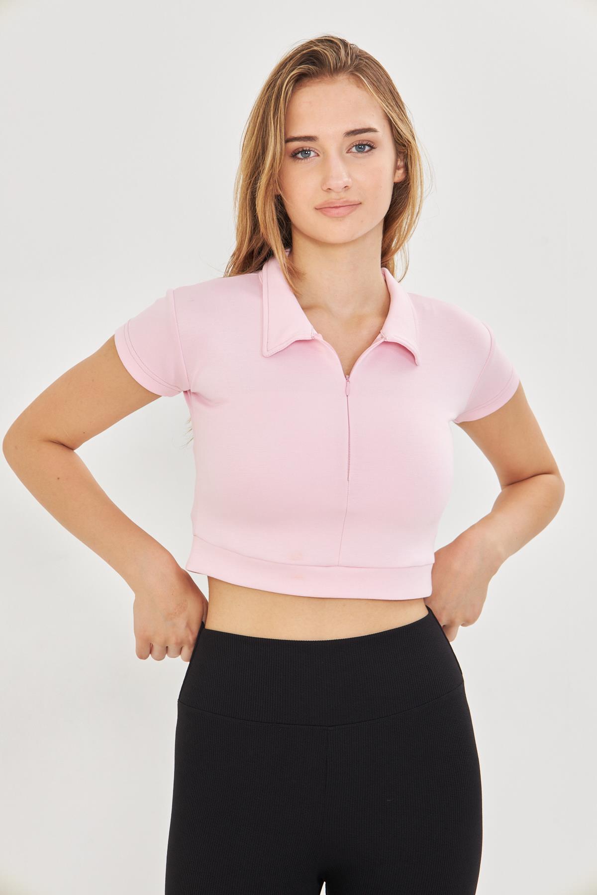 Kadın Esnek Modal Kumaş Polo Yaka Tişört Pembe 8508-P
