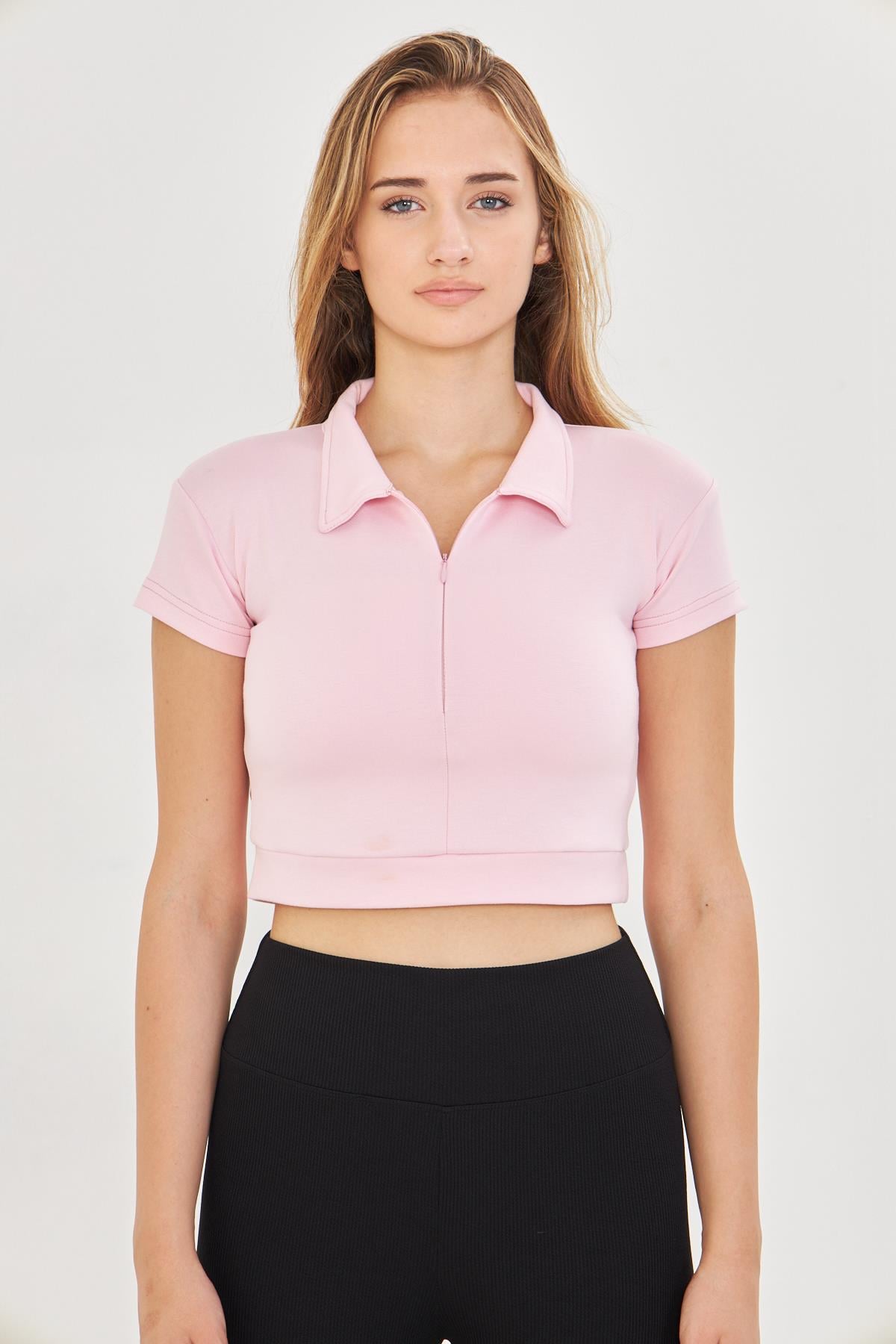 Kadın Esnek Modal Kumaş Polo Yaka Tişört Pembe 8508-P