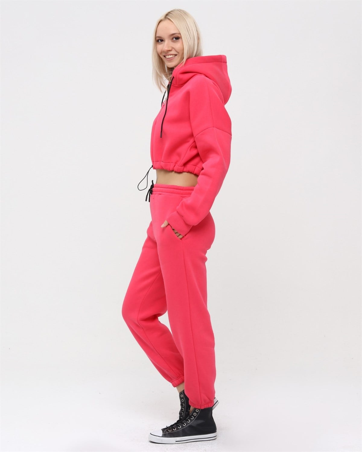 Yarım Fermuarlı Kapüşonlu Crop Sweatshirt 5502C