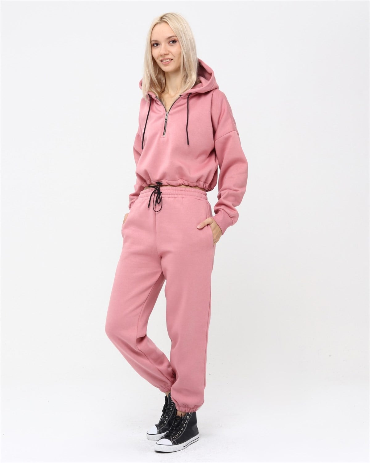 Yarım Fermuarlı Kapüşonlu Crop Sweatshirt 5502P
