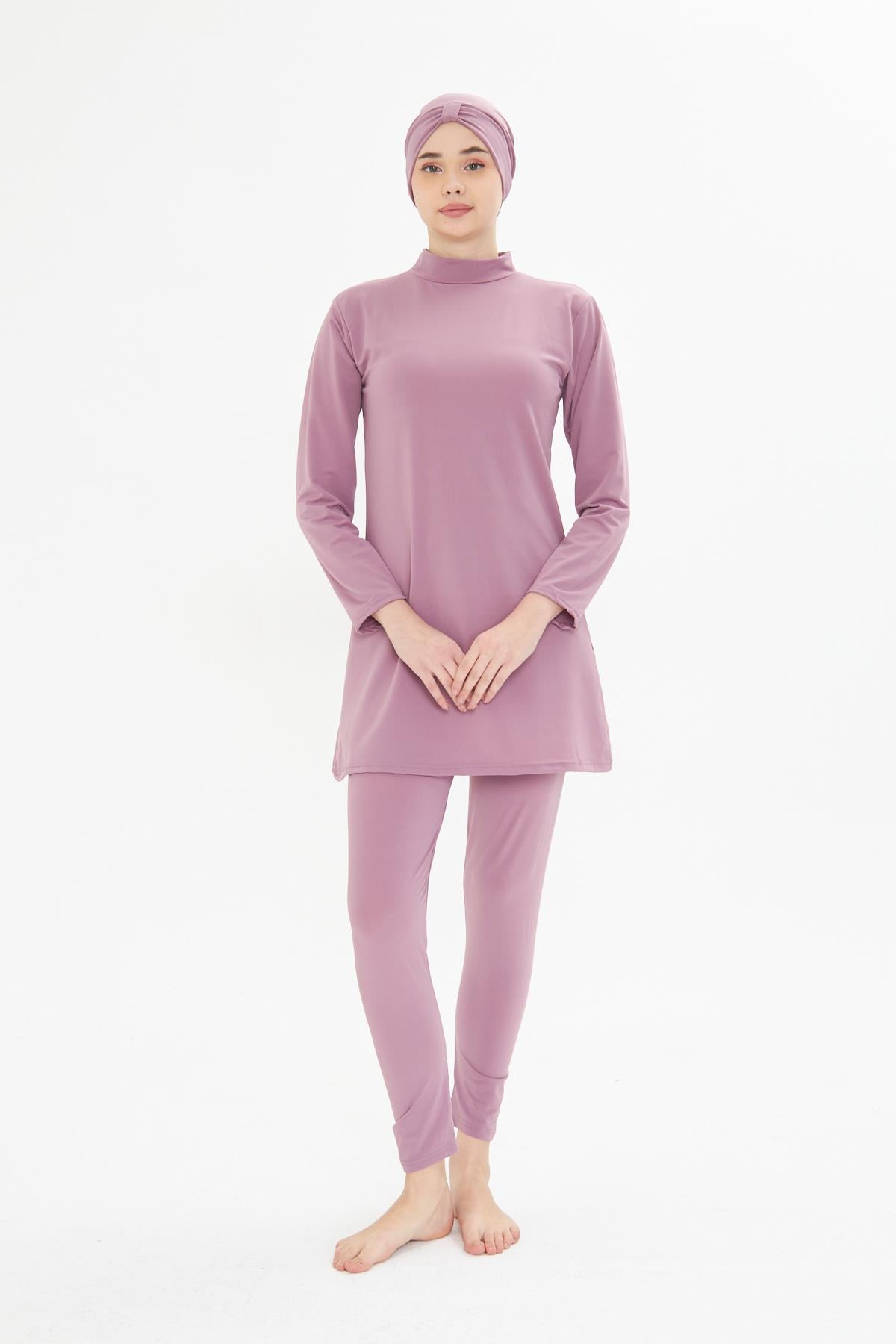 Tam Kapalı Likralı Tesettür Mayo Pembe 3485-P
