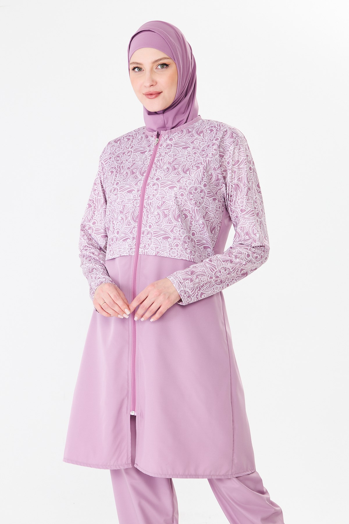 Tam Kapalı Paraşüt Kumaş Desenli Tesettür Mayo Pembe-3503