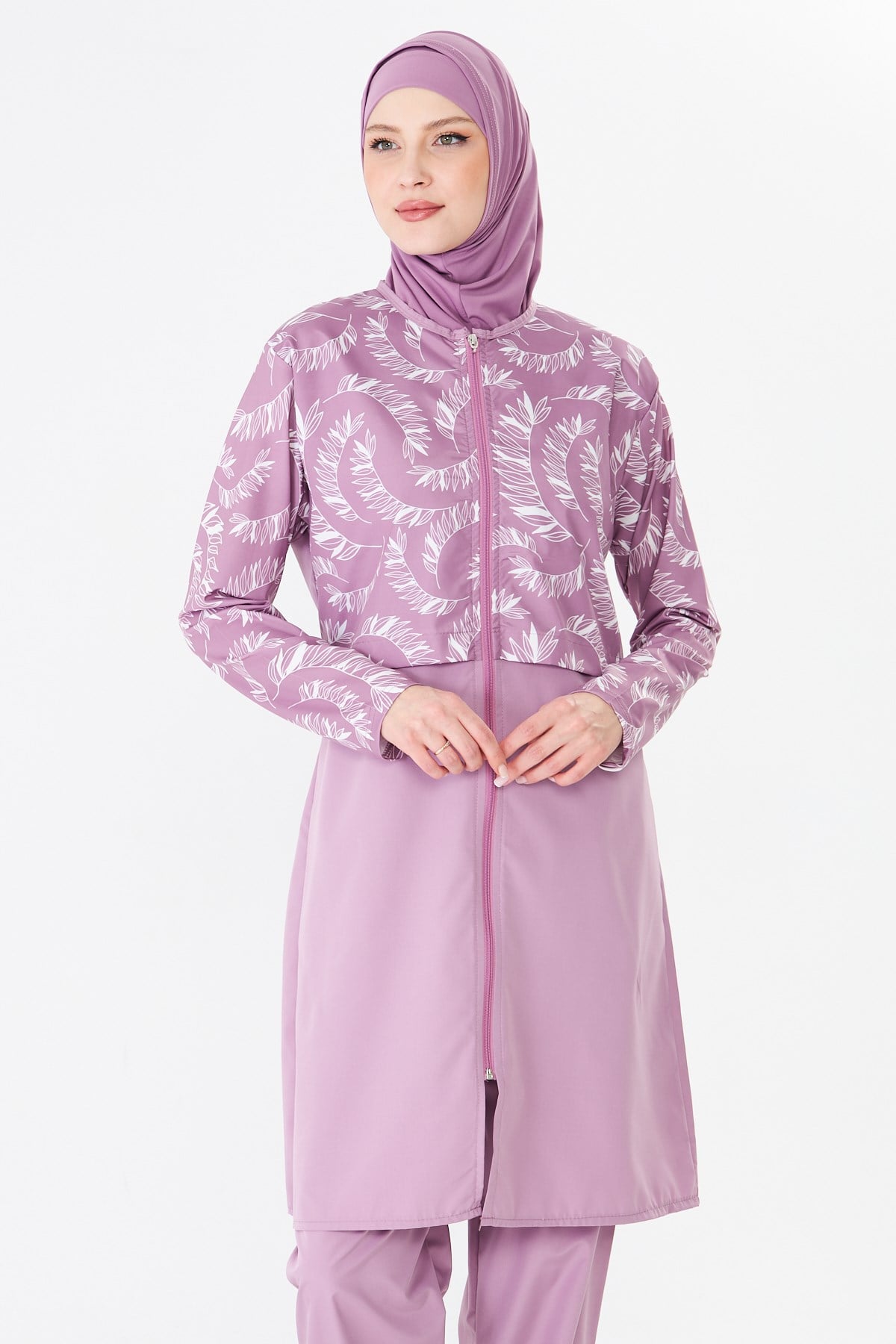 Tam Kapalı Paraşüt Kumaş Desenli Tesettür Mayo Pembe-3505