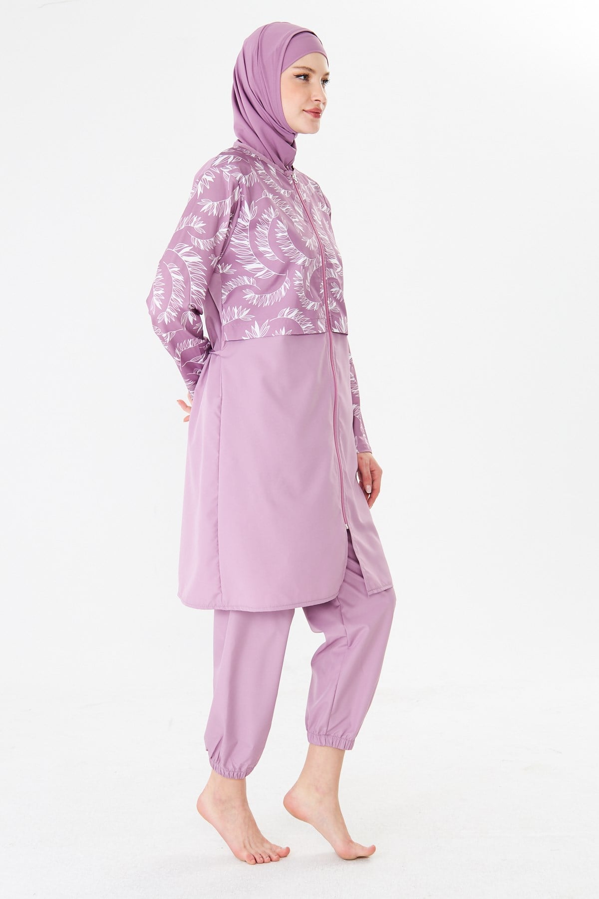 Tam Kapalı Paraşüt Kumaş Desenli Tesettür Mayo Pembe-3505