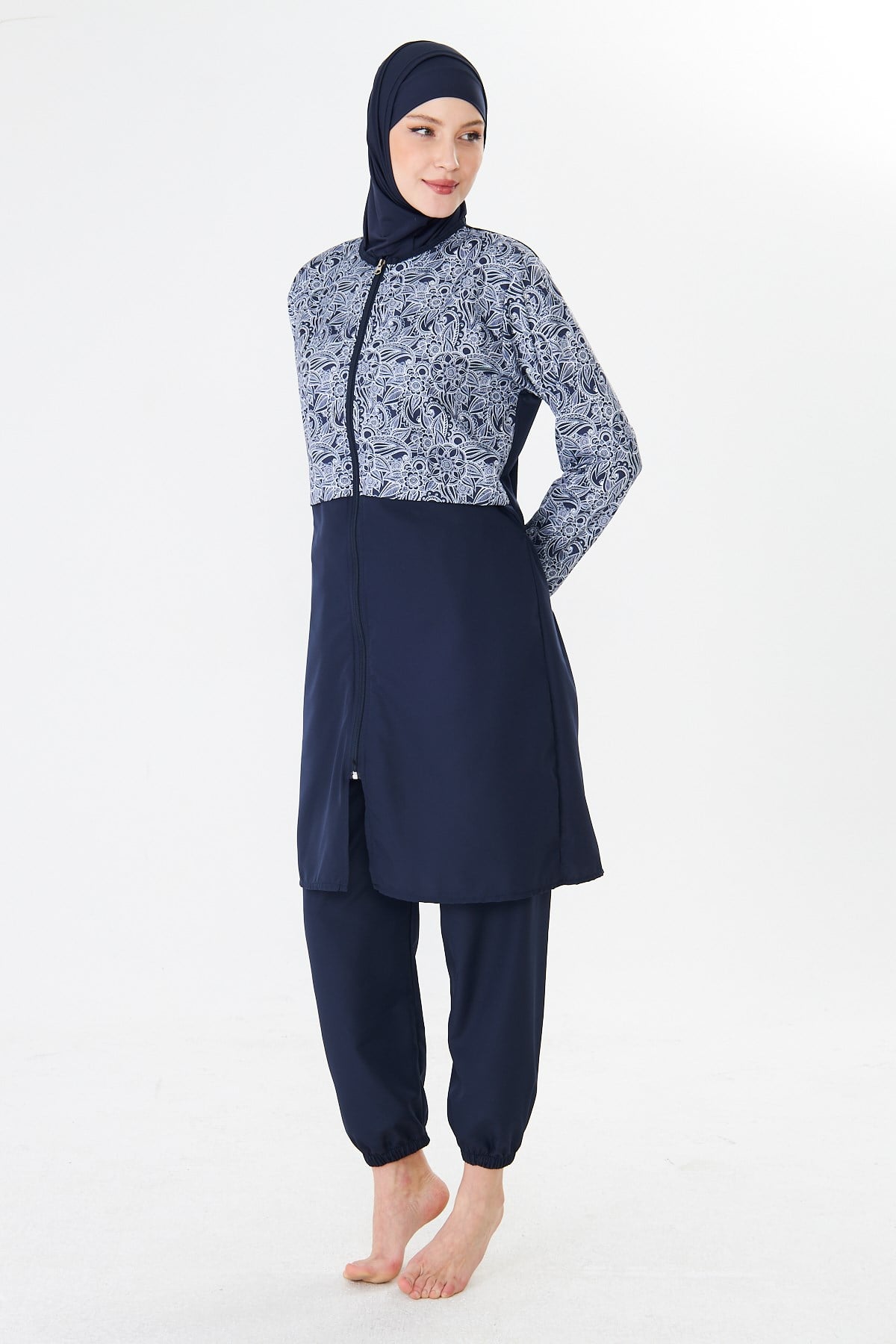 Tam Kapalı Paraşüt Kumaş Desenli Tesettür Mayo Lacivert-3503