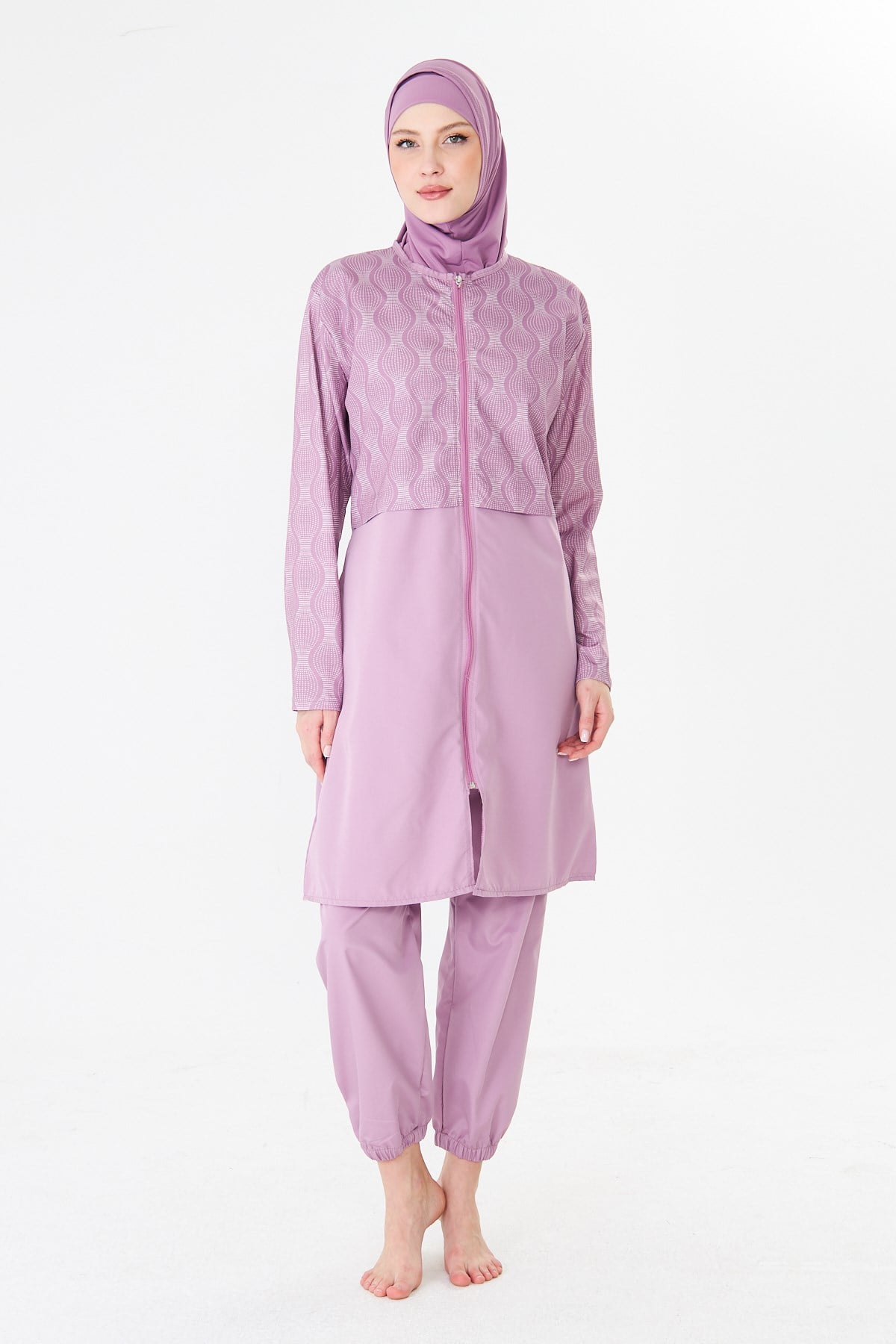 Tam Kapalı Paraşüt Kumaş Desenli Tesettür Mayo Pembe-3501