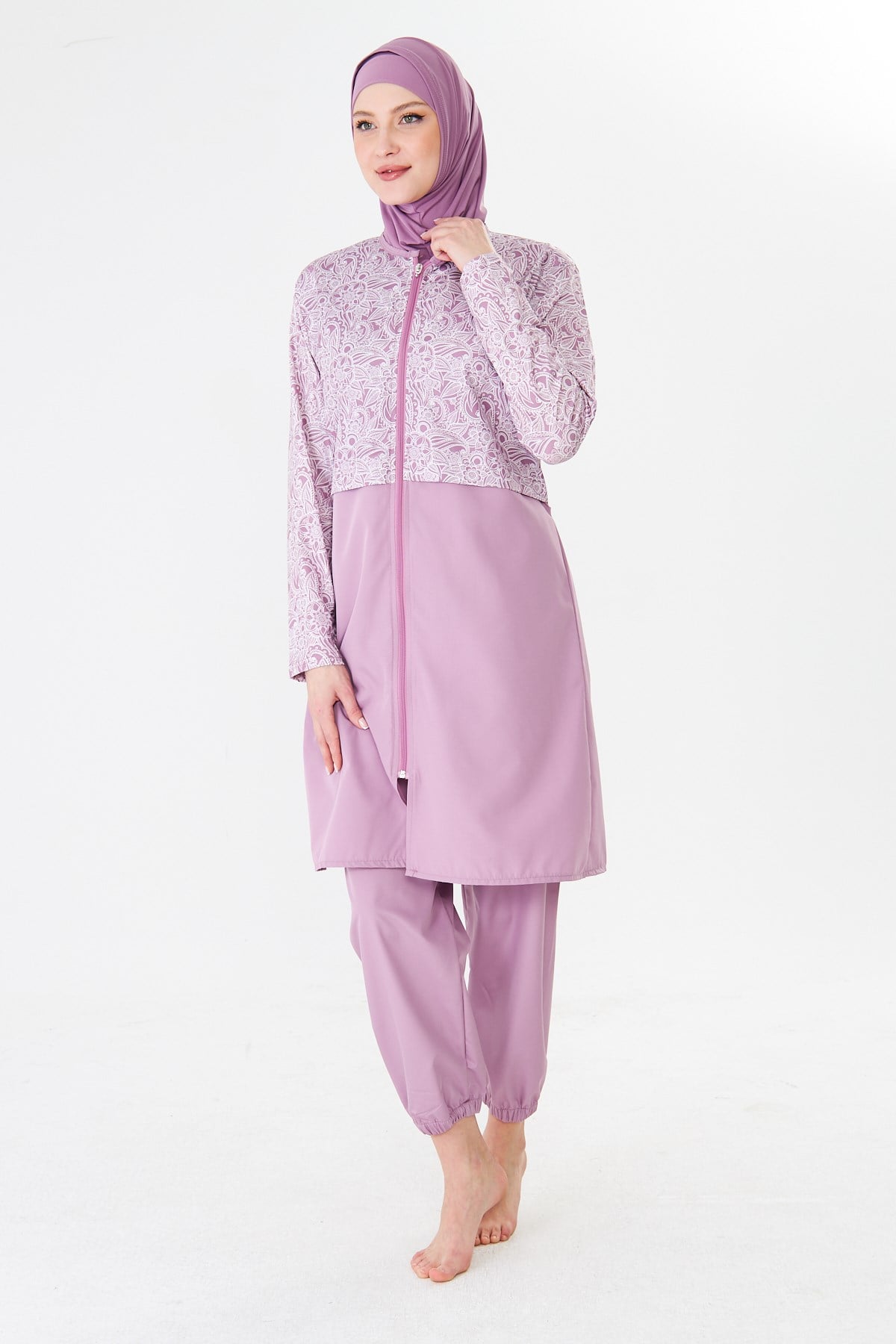 Tam Kapalı Paraşüt Kumaş Desenli Tesettür Mayo Pembe-3503