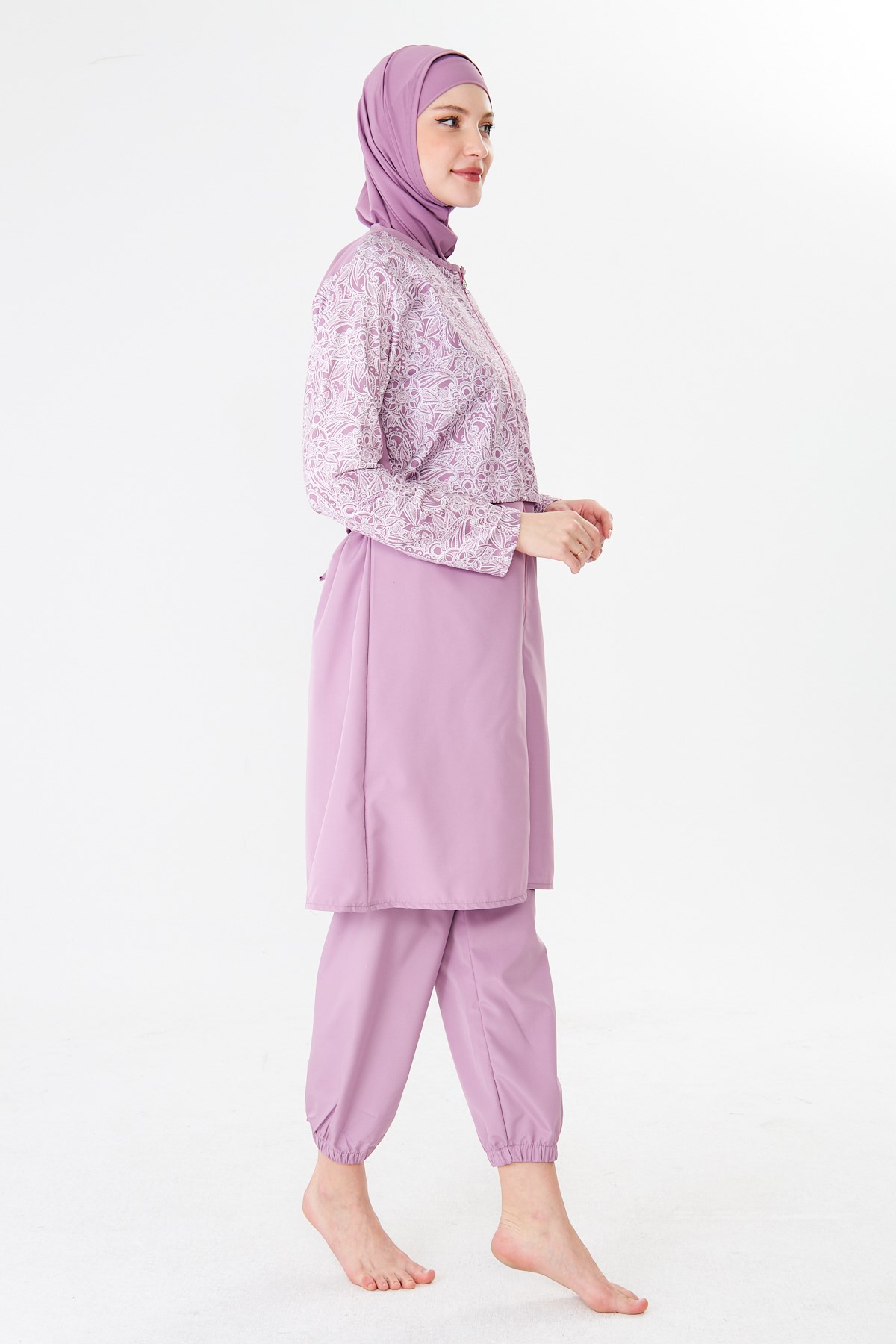 Tam Kapalı Paraşüt Kumaş Desenli Tesettür Mayo Pembe-3503