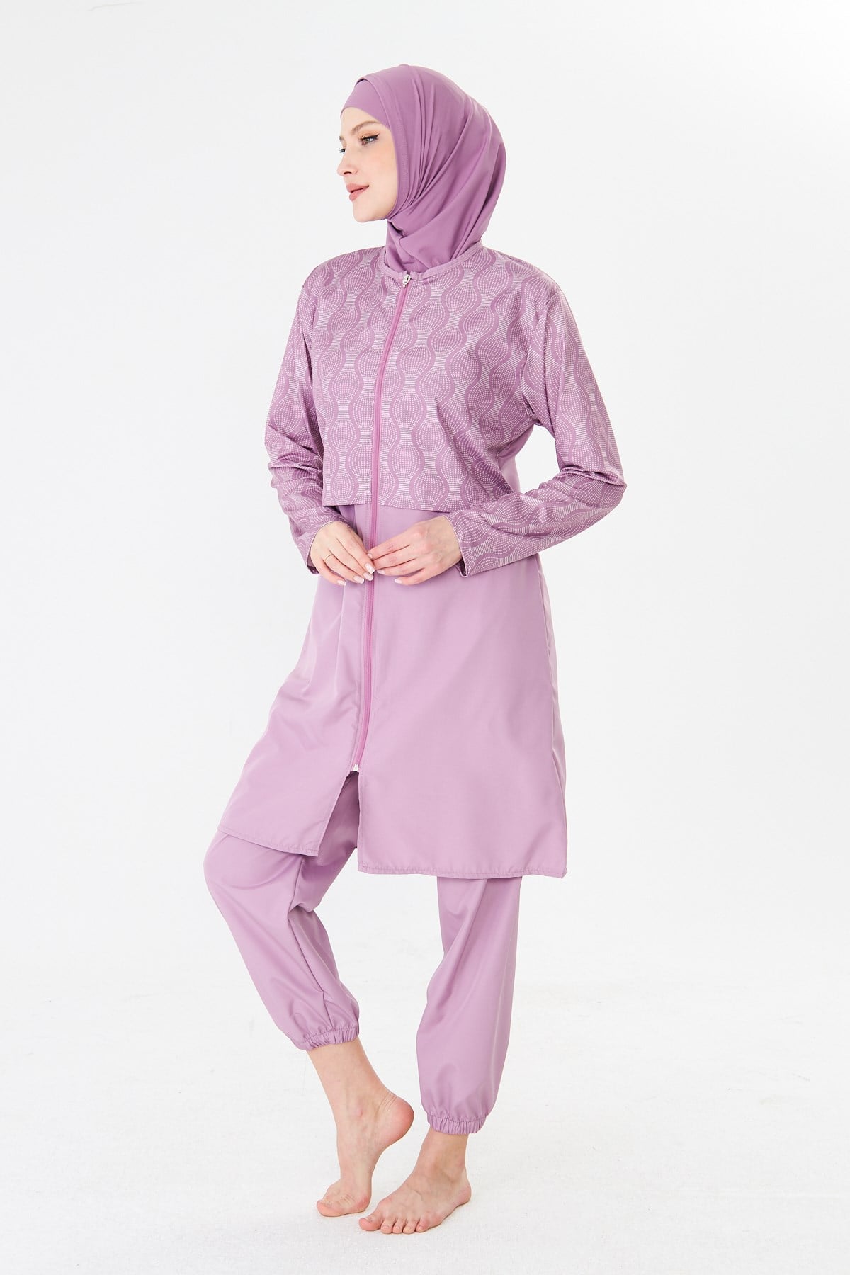 Tam Kapalı Paraşüt Kumaş Desenli Tesettür Mayo Pembe-3501
