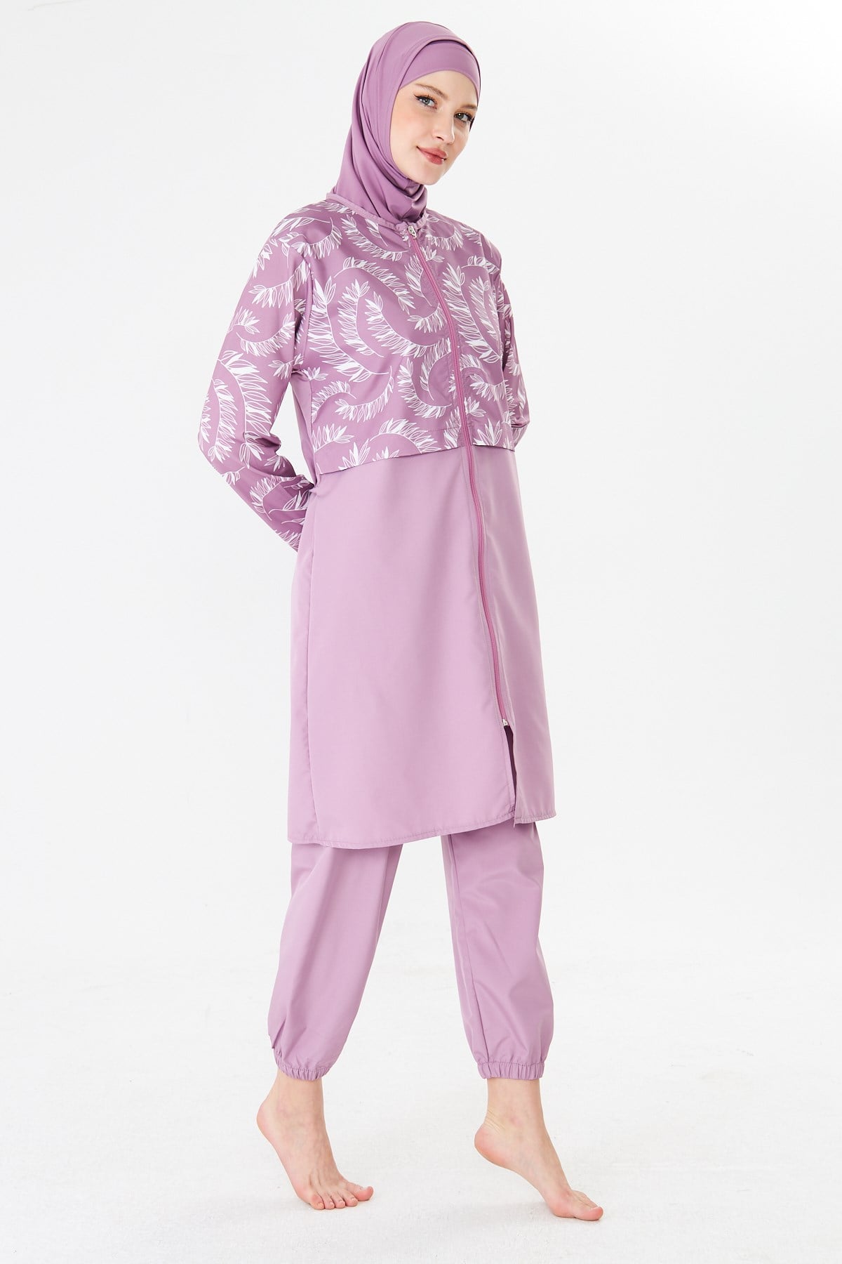 Tam Kapalı Paraşüt Kumaş Desenli Tesettür Mayo Pembe-3505