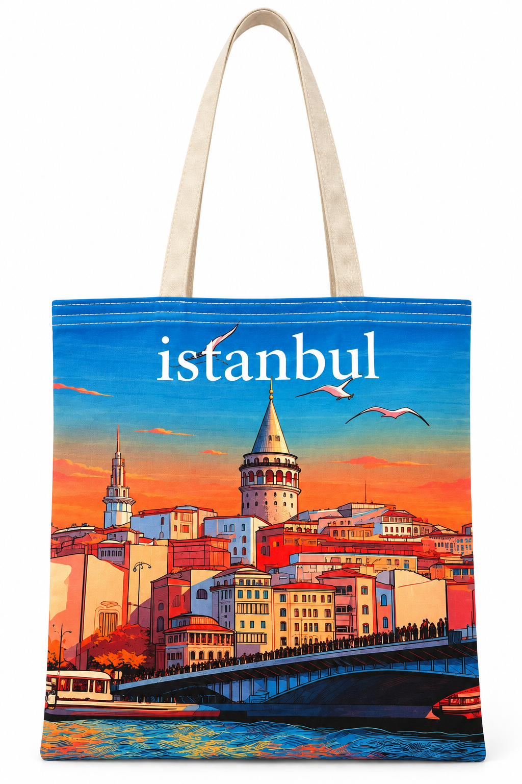 Gün Batımı Galata Kulesi Deseni Baskılı Pamuklu Bez Çanta 35x40cm -BC6