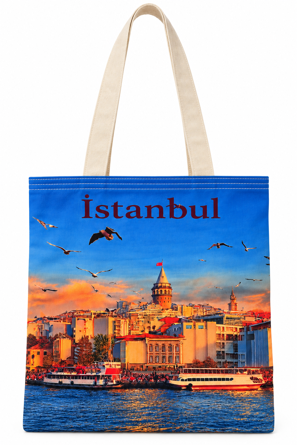 İstanbul Galata Kulesi Manzarası Deseni Baskılı Pamuklu Bez Çanta 35x40cm -BC1