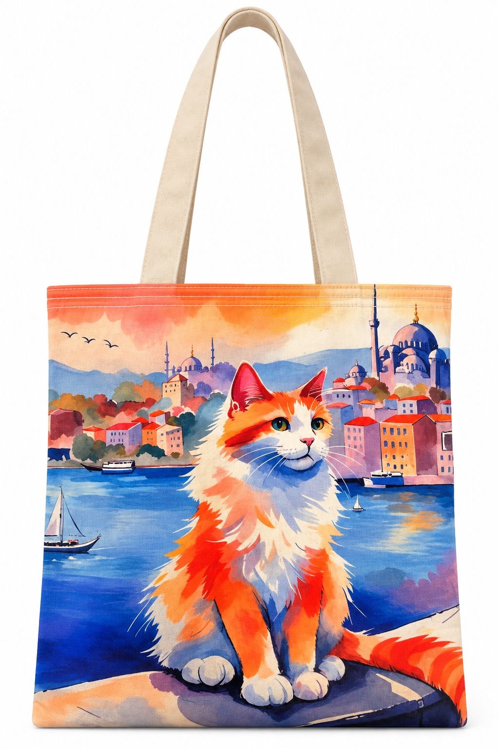 Turuncu Kedi Deseni Baskılı Pamuklu Bez Çanta 35x40cm -BC4