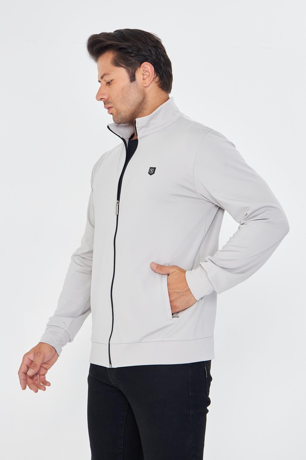Erkek Tam Fermuarlı Şardonlu Dalgıç Sweatshirt Gri 5256SW-G