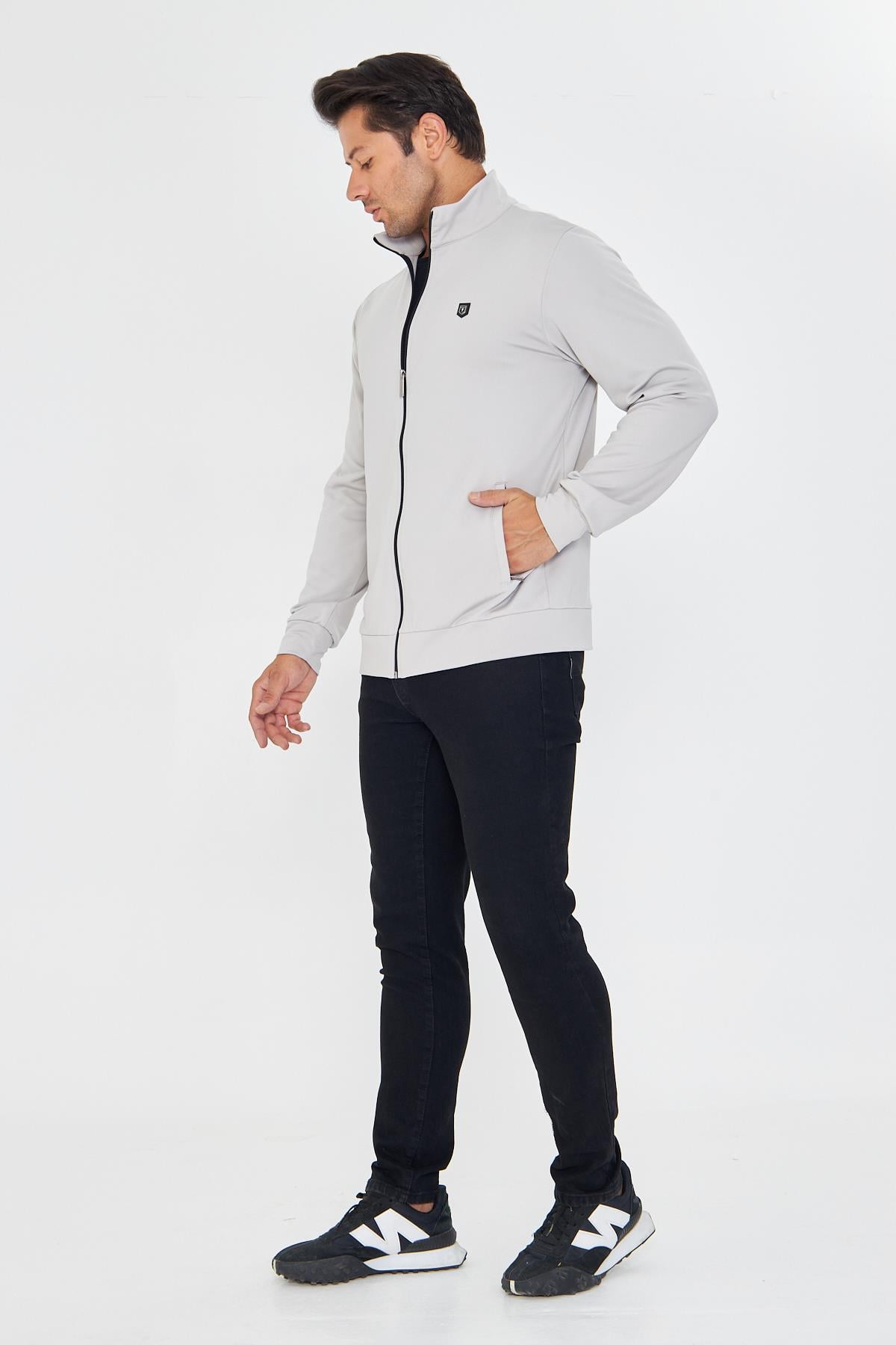 Erkek Tam Fermuarlı Şardonlu Dalgıç Sweatshirt Gri 5256SW-G
