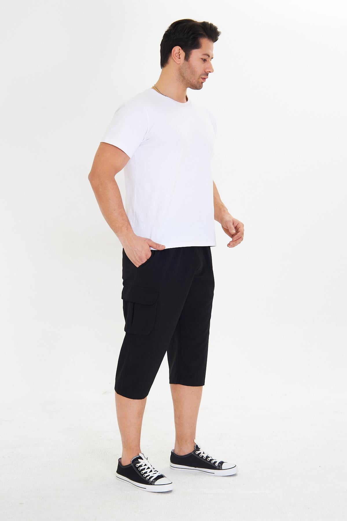 Erkek StretchFit Kargo Cepli Esnek Kapri Siyah 6035-S