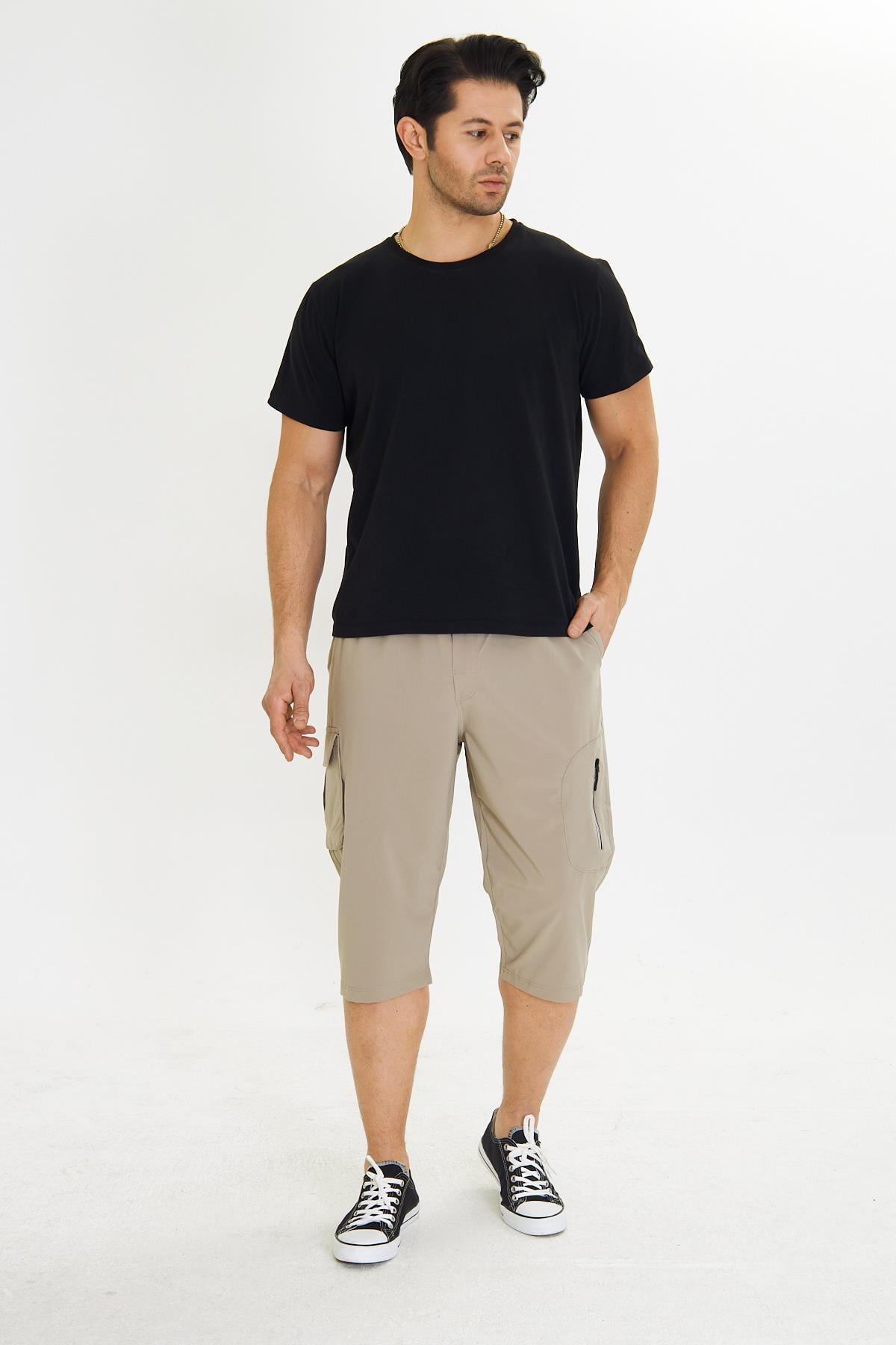 Erkek StretchFit Kargo Cepli Esnek Kapri Bej 6035-B