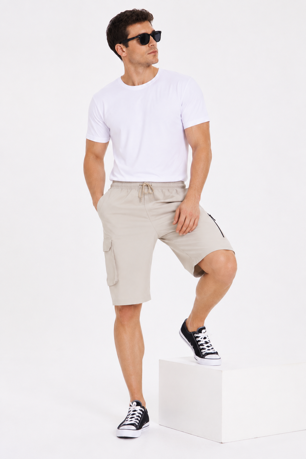 Erkek StretchFit Kargo Cepli Esnek Şort Taş 6040-T