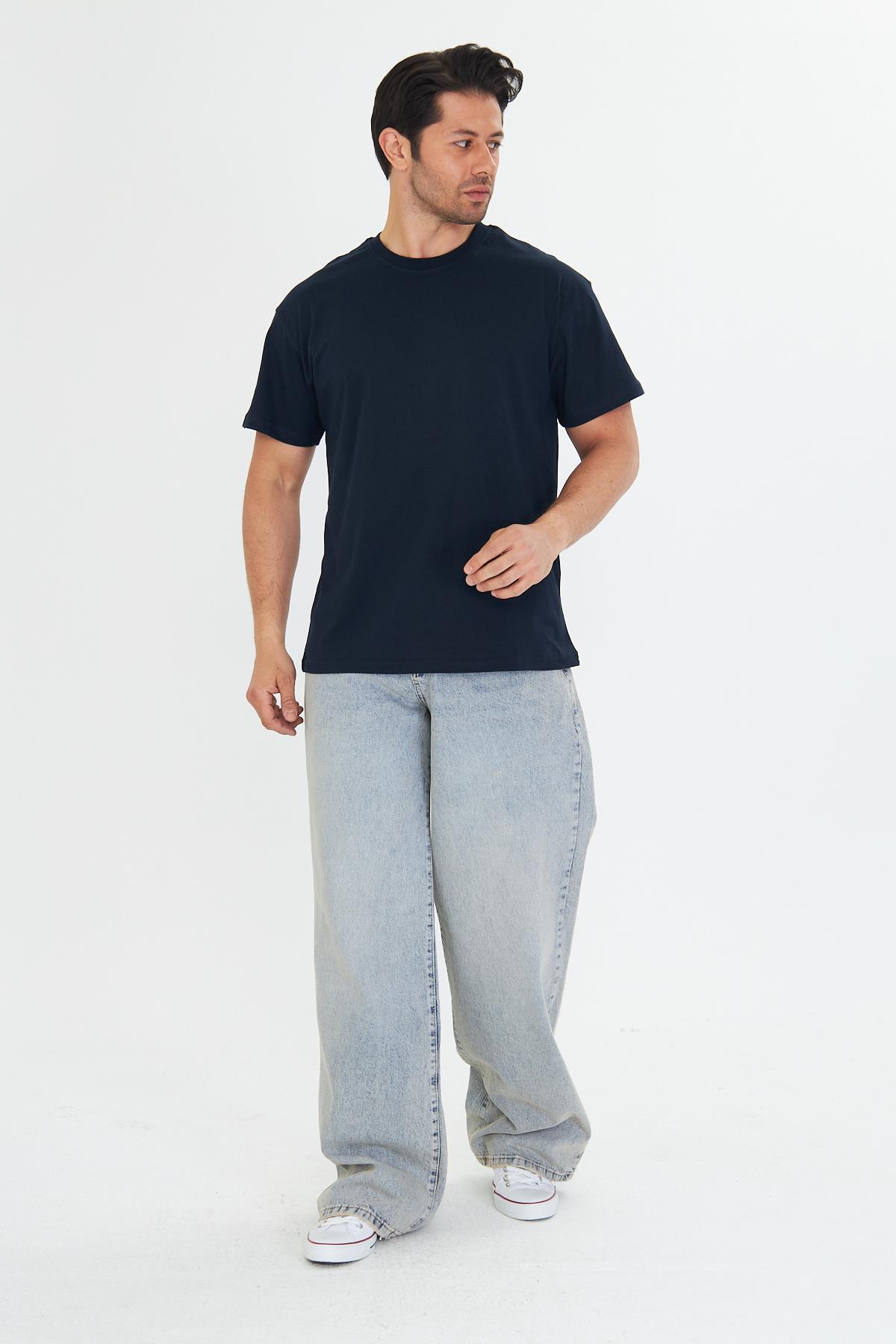 Erkek Pamuklu Bisiklet Yaka Oversize Tişört Lacivert 5015-L