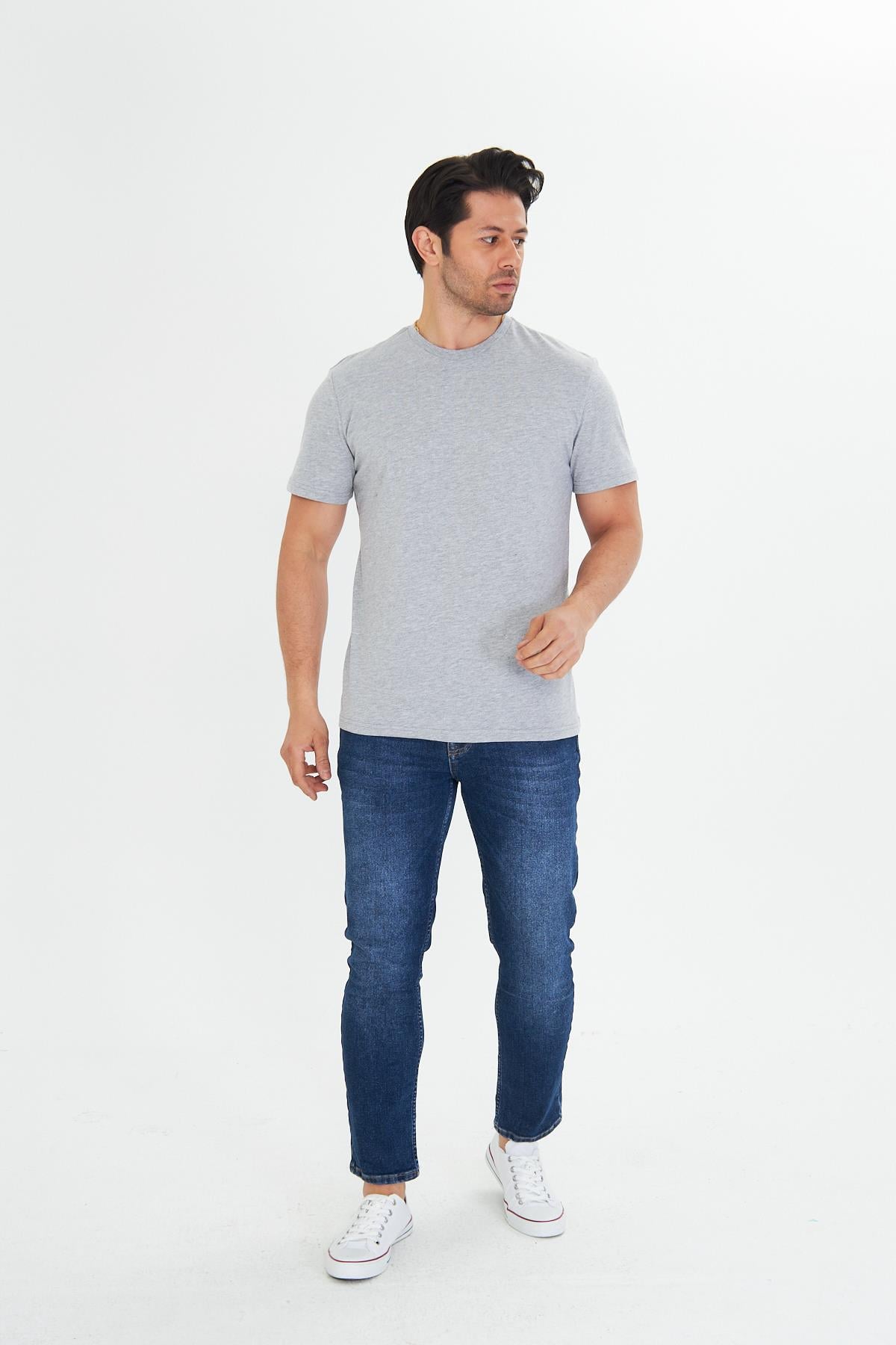 Erkek Pamuklu Bisiklet Yaka Tişört Gri 5014-G