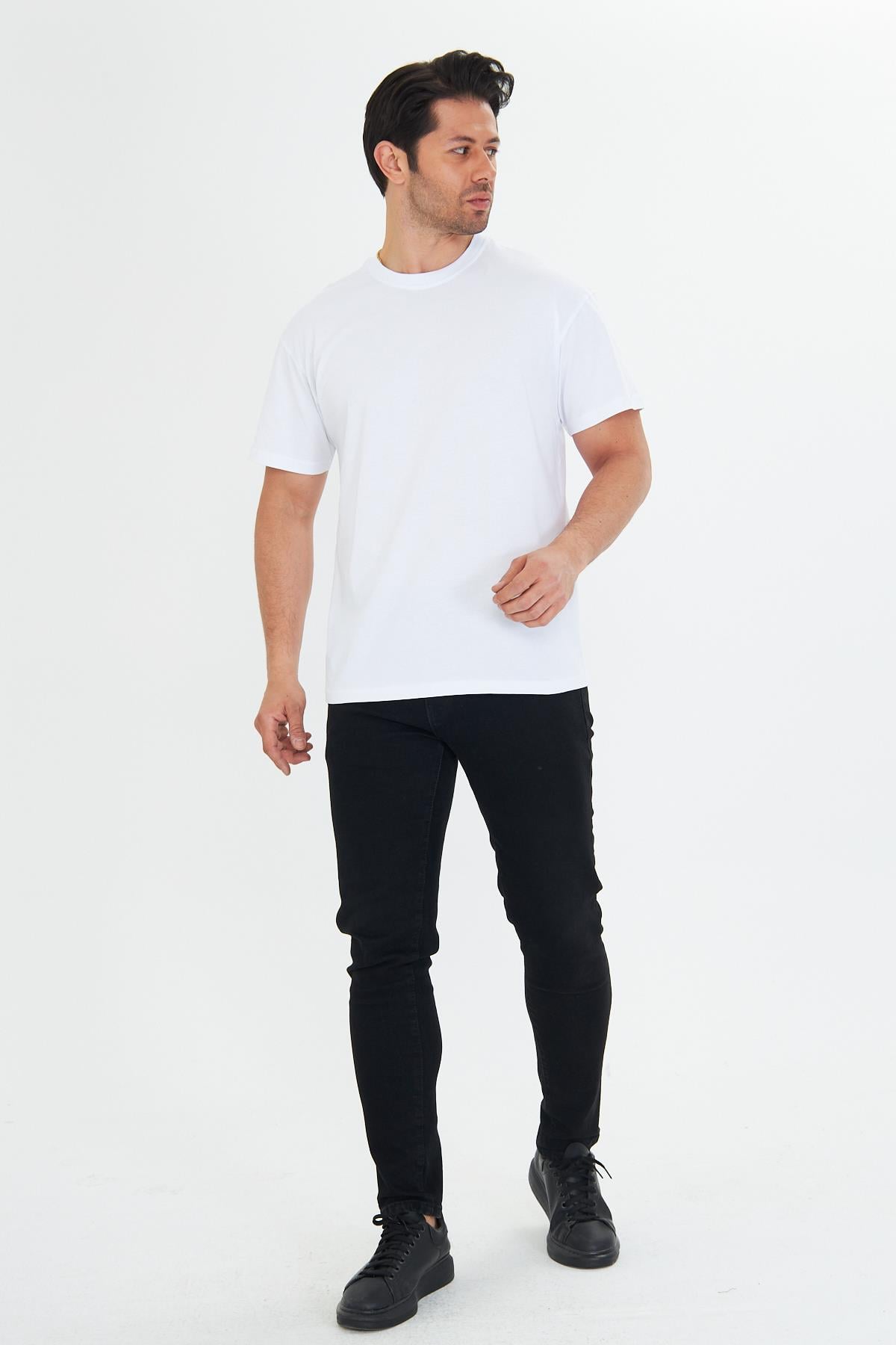 Erkek Pamuklu Bisiklet Yaka Oversize Tişört Beyaz 5015-B