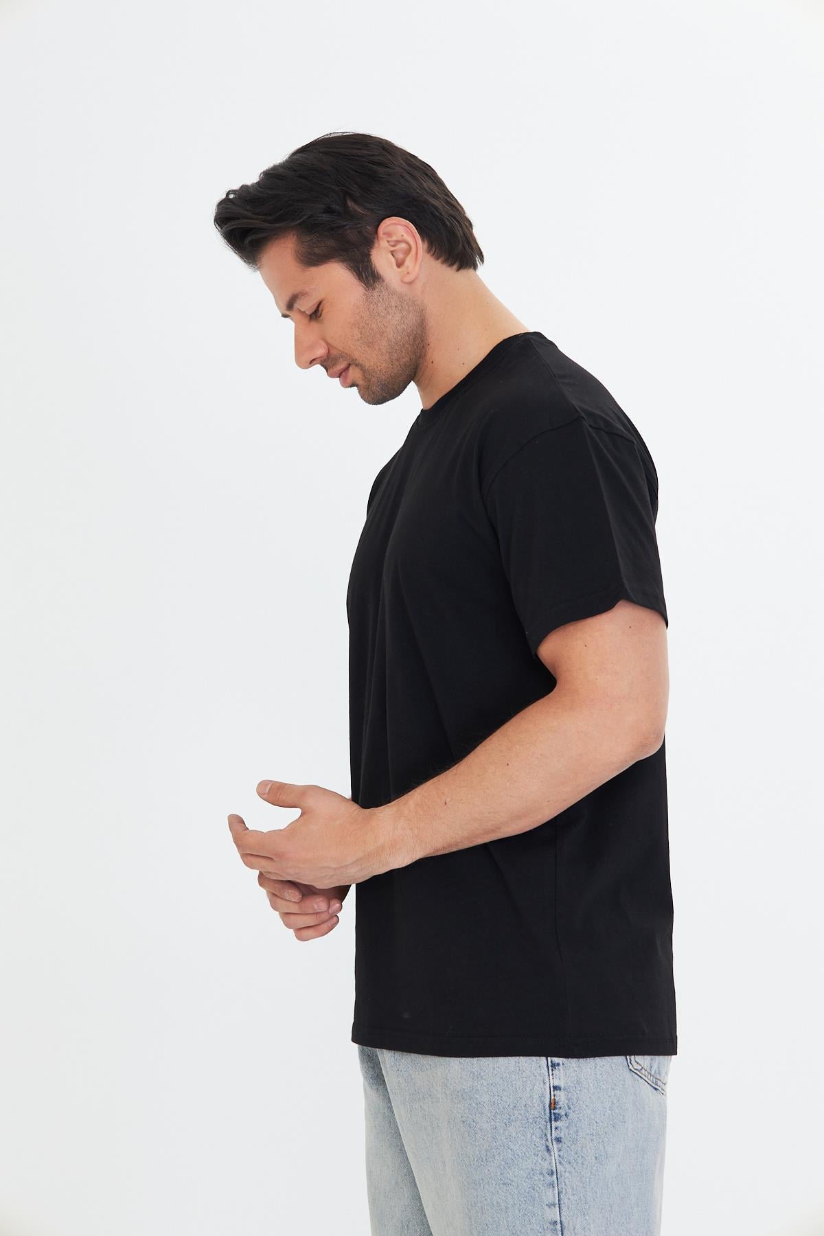 Erkek Pamuklu Bisiklet Yaka Oversize Tişört Siyah 5015-S