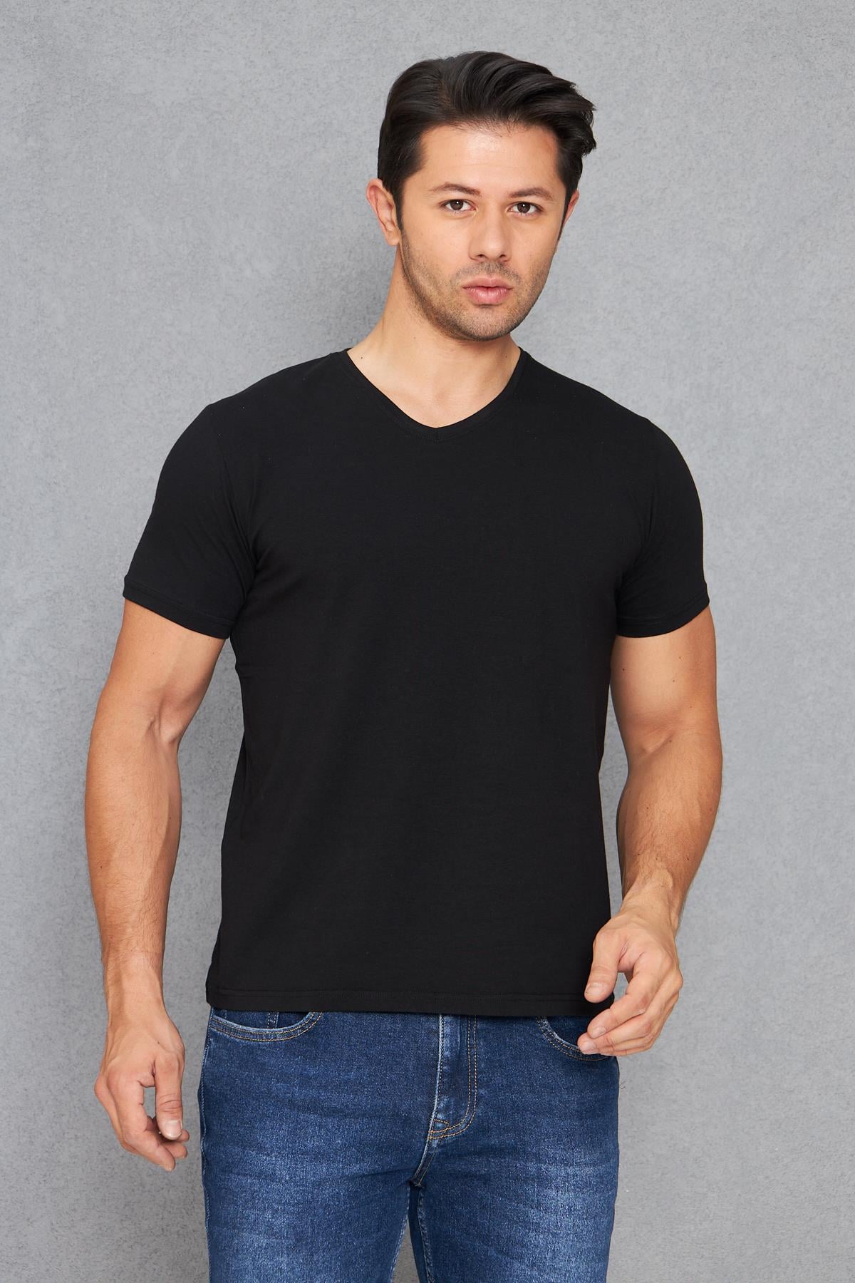 Erkek Pamuklu Slim Fit V Yaka Tişört Siyah 5016-S