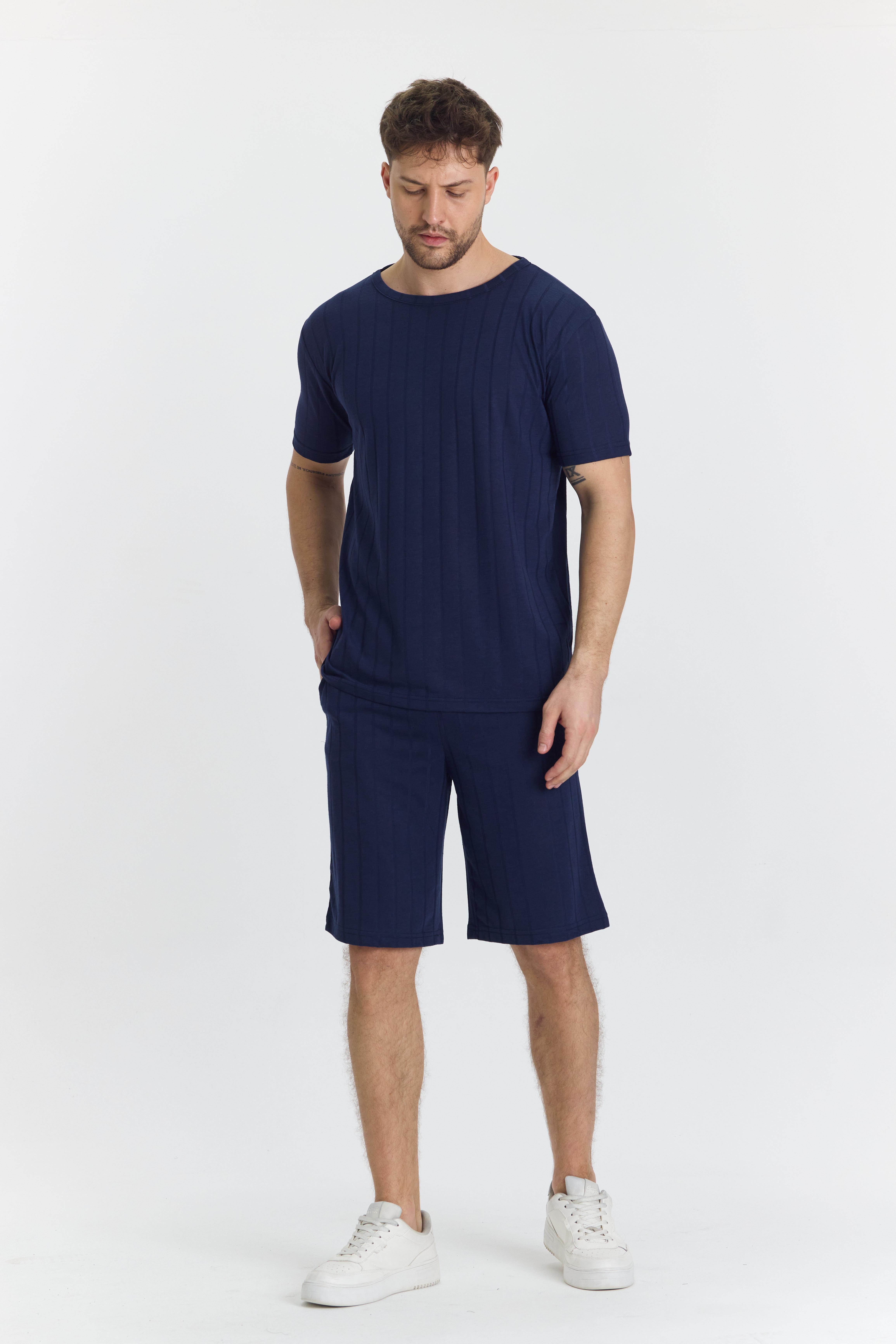 Erkek Çizgli Polycotton T-shirt Şort İkili Takım Lacivert 5734-L