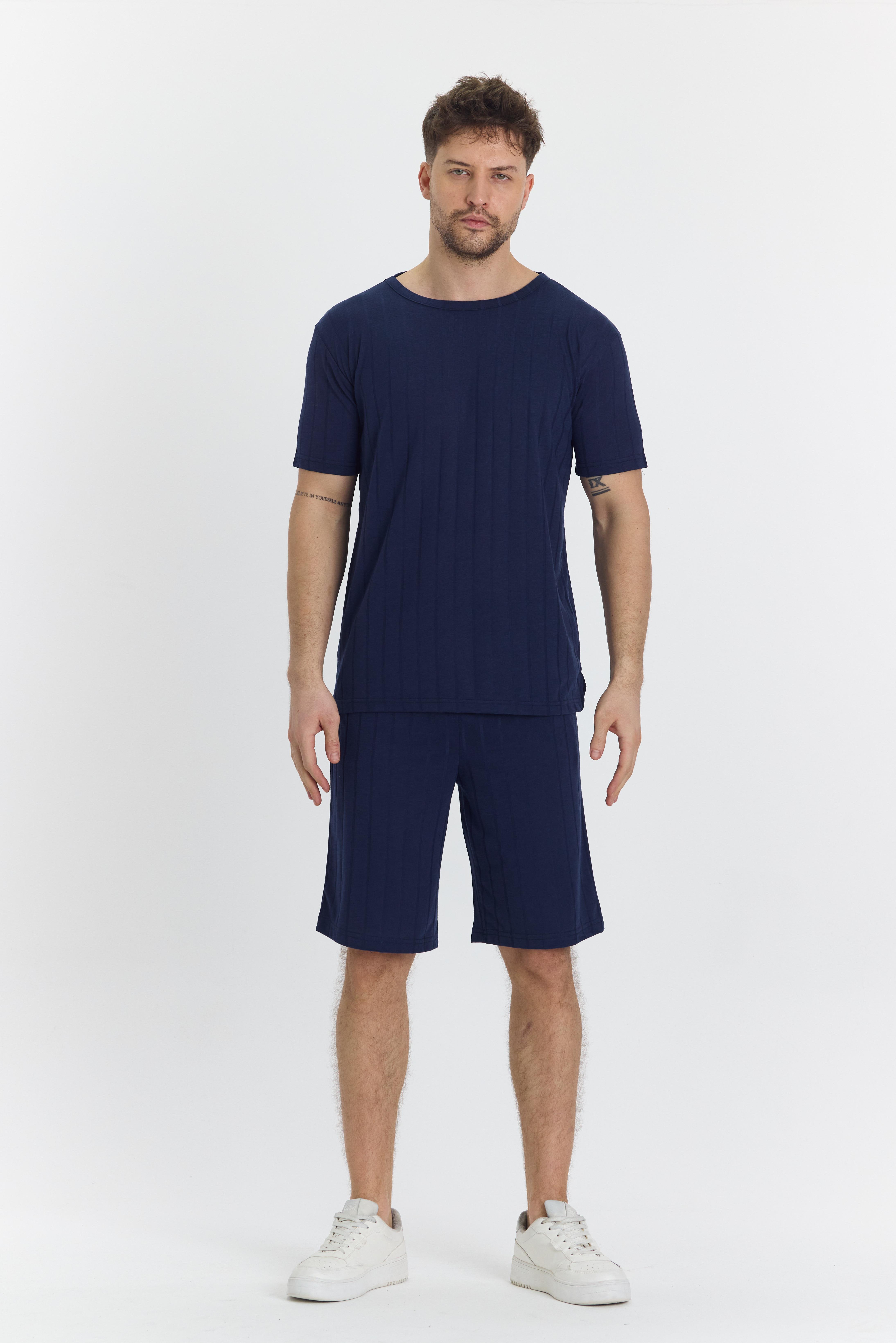 Erkek Çizgli Polycotton T-shirt Şort İkili Takım Lacivert 5734-L