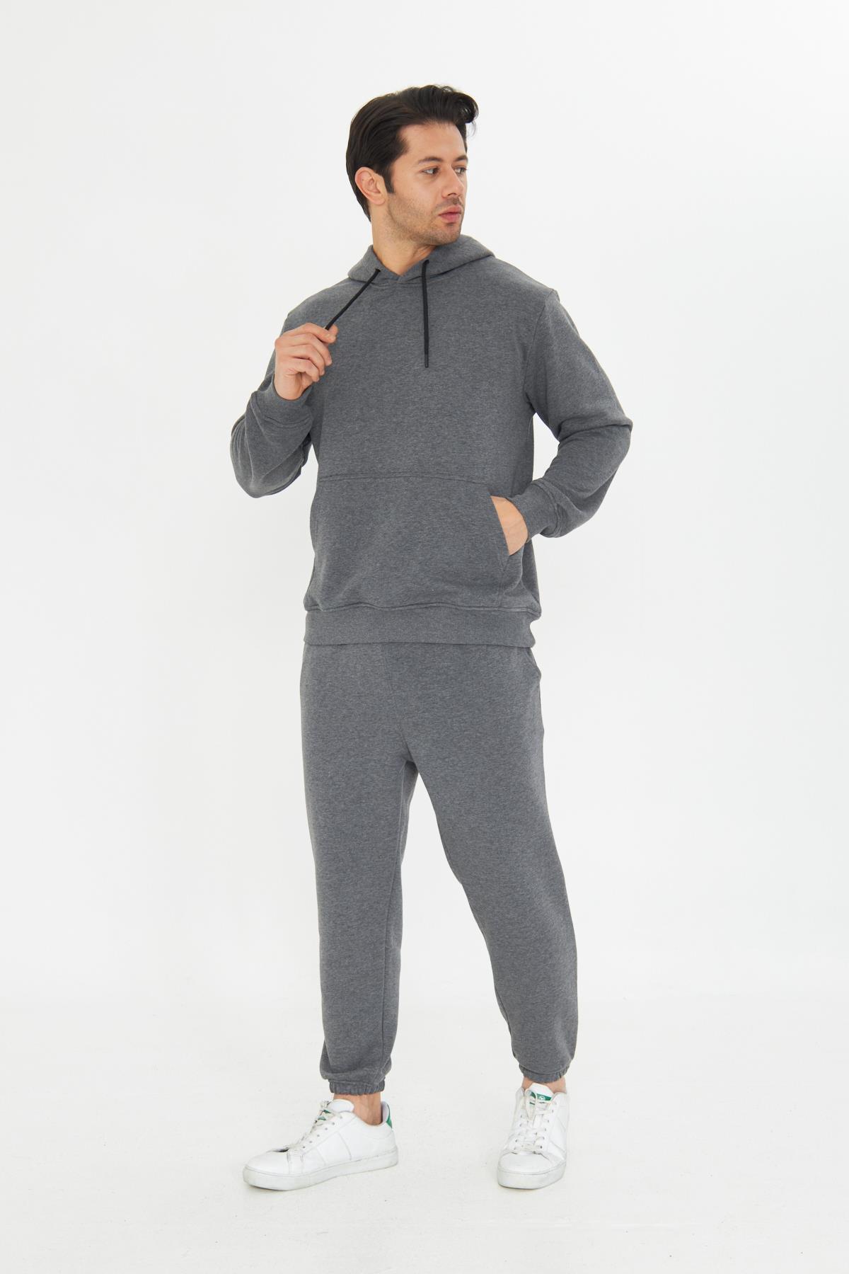 Şardonsuz 3 iplik Pamuklu Basic Kapüşonlu Unisex Eşofman Takımı 5737