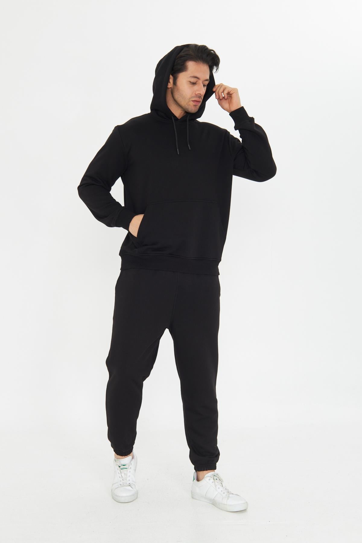 Şardonsuz 3 iplik Pamuklu Basic Kapüşonlu Unisex Eşofman Takımı 5737
