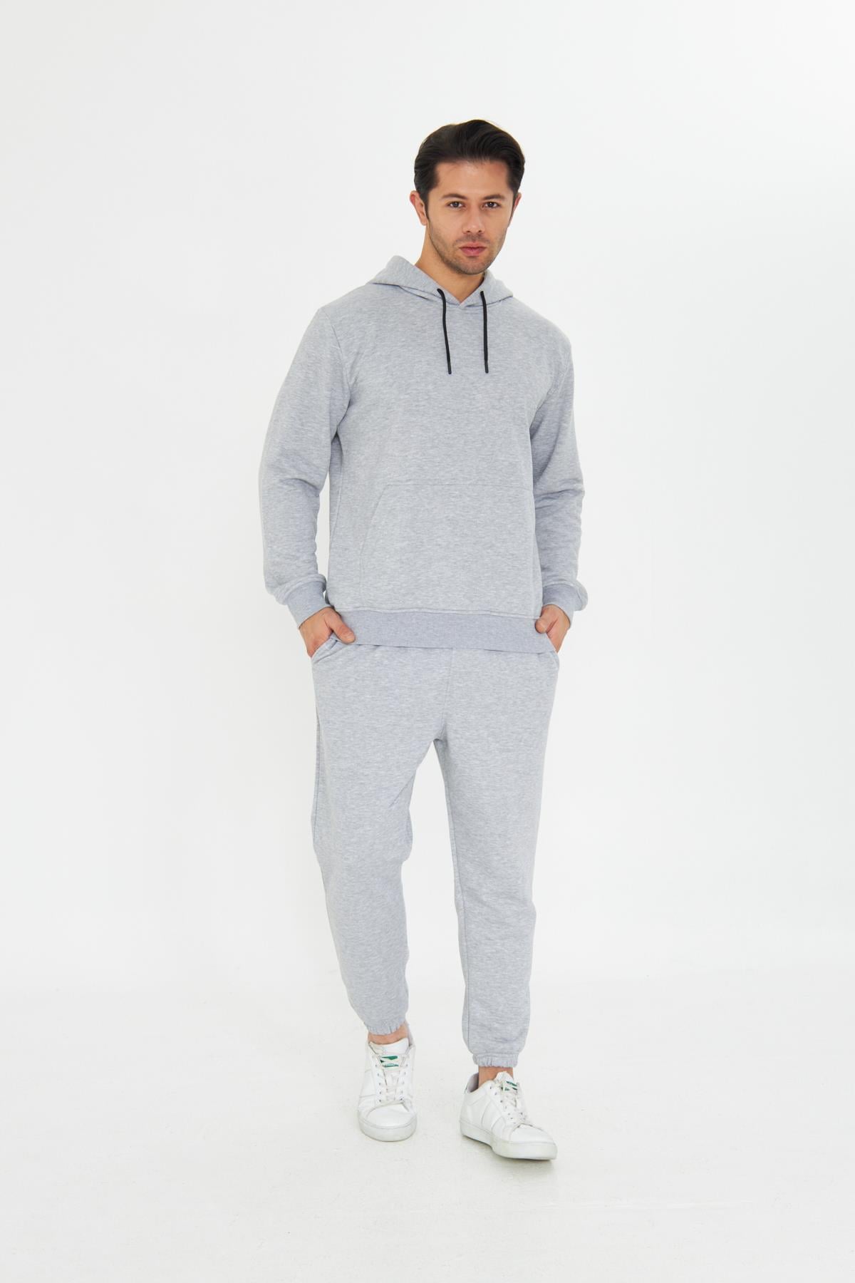 Şardonsuz 3 iplik Pamuklu Basic Kapüşonlu Unisex Eşofman Takımı 5737
