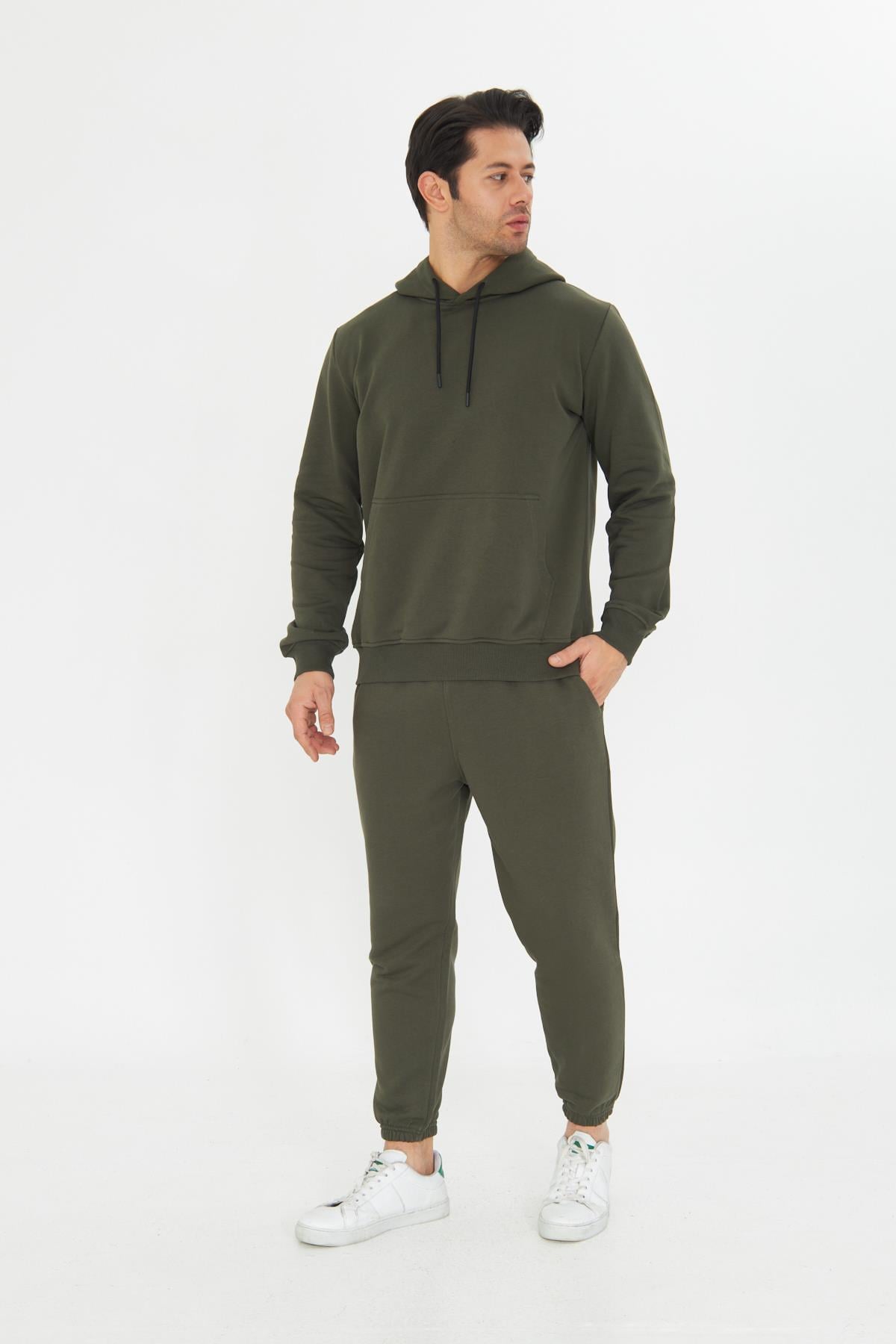 Şardonsuz 3 iplik Pamuklu Basic Kapüşonlu Unisex Eşofman Takımı 5737