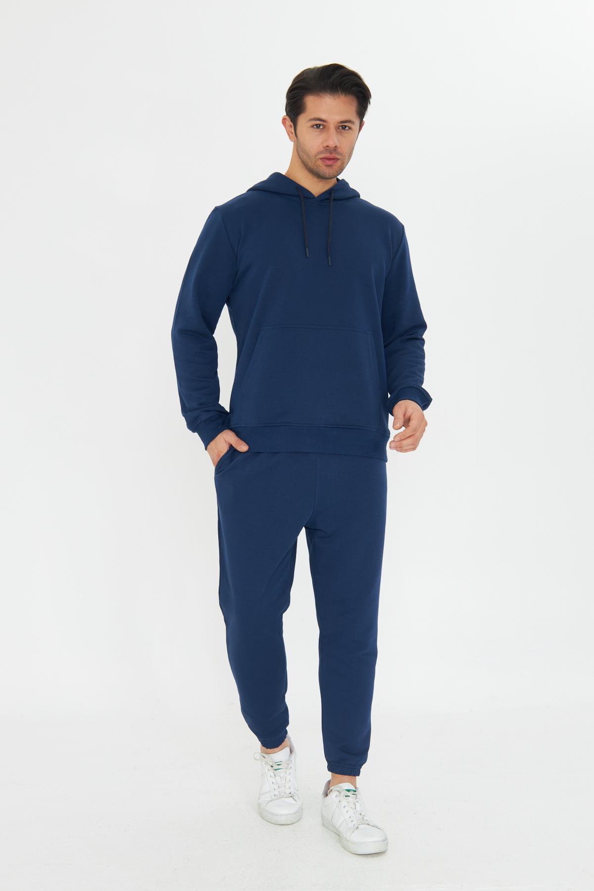 Şardonsuz 3 iplik Pamuklu Basic Kapüşonlu Unisex Eşofman Takımı 5737