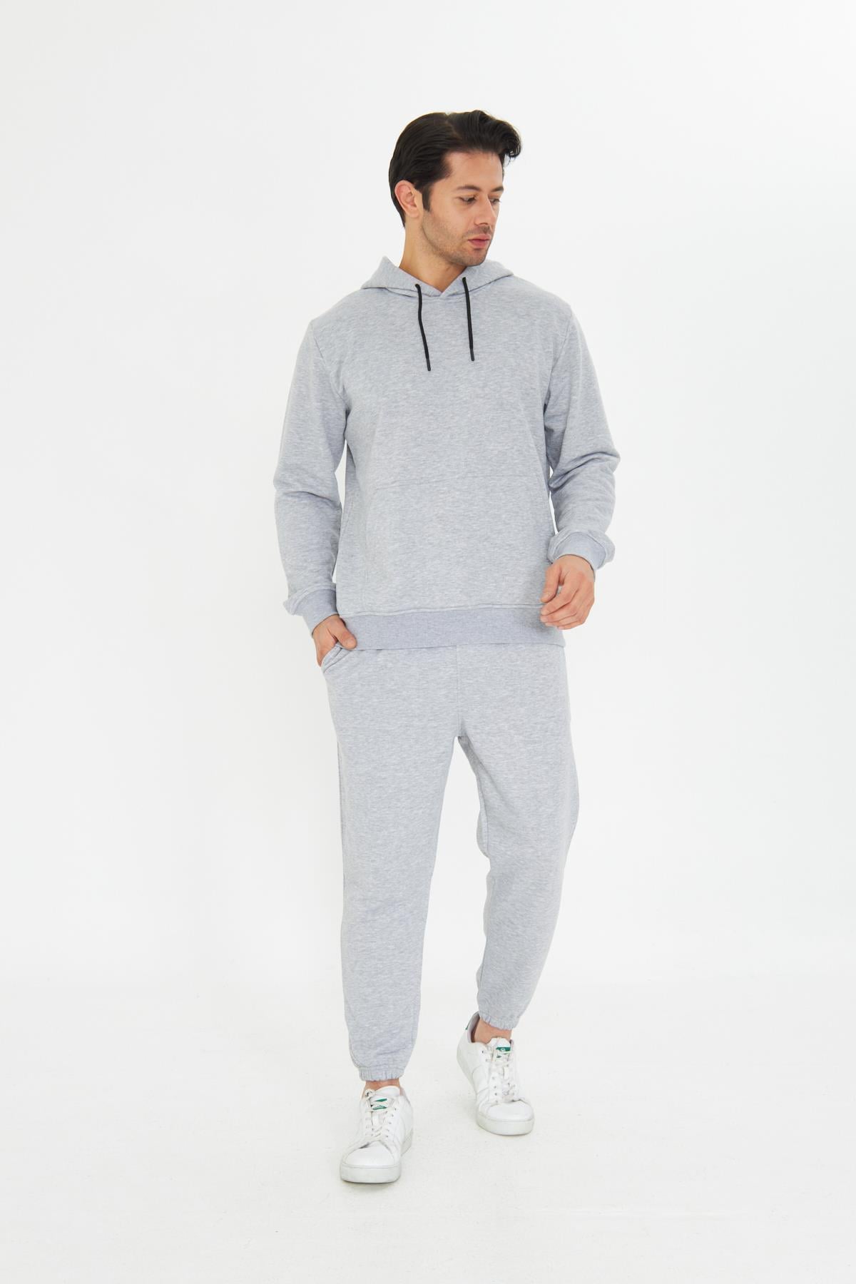 Şardonsuz 3 iplik Pamuklu Basic Kapüşonlu Unisex Eşofman Takımı 5737