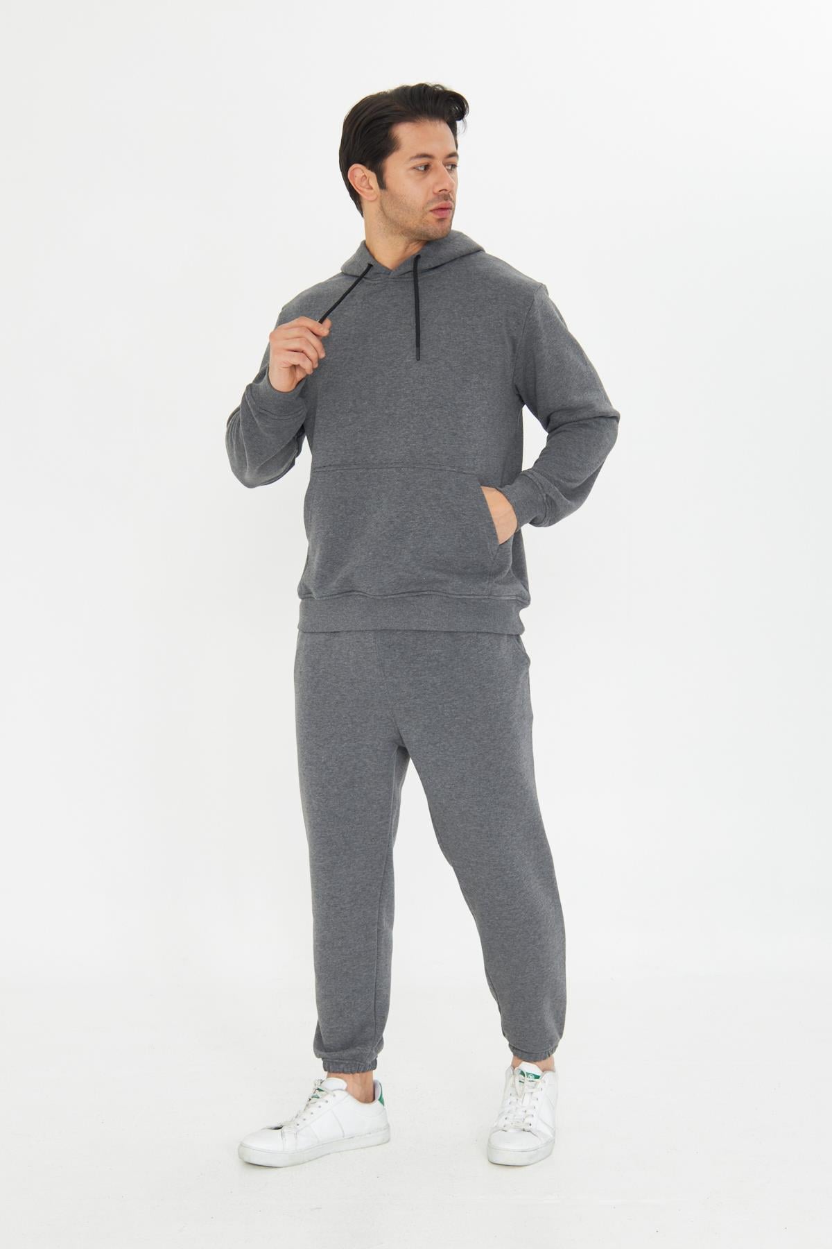 Şardonsuz 3 iplik Pamuklu Basic Kapüşonlu Unisex Eşofman Takımı 5737