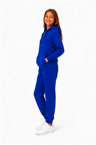 Unisex Çocuk Şardonlu Kapüşonlu Yaka Eşofman Takımı Saks-310