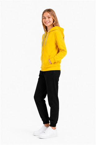 Unisex Çocuk Şardonlu Kapüşonlu Yaka Eşofman Takımı Sarı-310