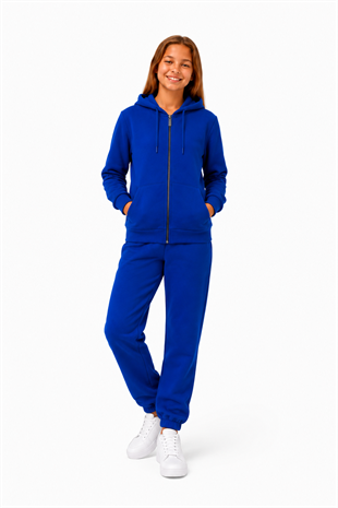Unisex Çocuk Şardonlu Kapüşonlu Yaka Eşofman Takımı Saks-310