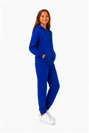 Unisex Çocuk Şardonlu Kapüşonlu Yaka Eşofman Takımı Saks-310