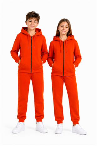 Unisex Çocuk Şardonlu Kapüşonlu Yaka Eşofman Takımı Turuncu-310