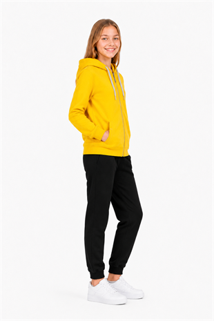 Unisex Çocuk Şardonlu Kapüşonlu Yaka Eşofman Takımı Sarı-310