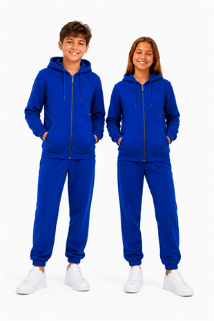 Unisex Çocuk Şardonlu Kapüşonlu Yaka Eşofman Takımı Saks-310