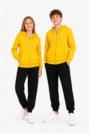 Unisex Çocuk Şardonlu Kapüşonlu Yaka Eşofman Takımı Sarı-310