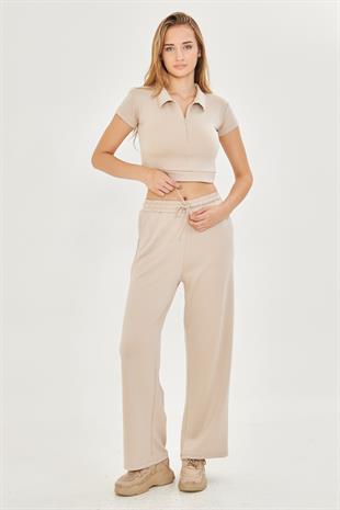 Kadın Esnek Modal Kumaş Polo Yaka Tişört Bej 8508-B