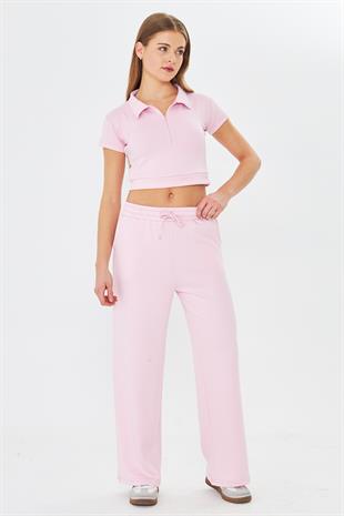 Kadın Esnek Modal Kumaş Polo Yaka Tişört Pembe 8508-P
