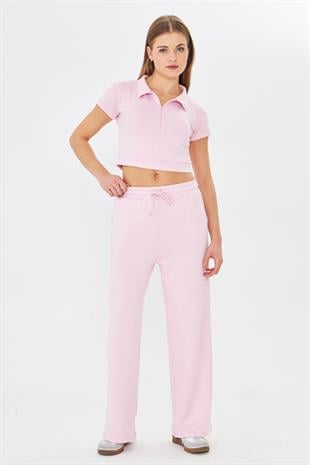 Kadın Esnek Modal Kumaş Polo Yaka Tişört Pembe 8508-P