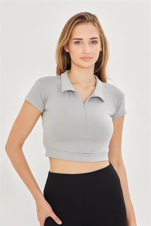 Kadın Esnek Modal Kumaş Polo Yaka Tişört Gri 8508-G